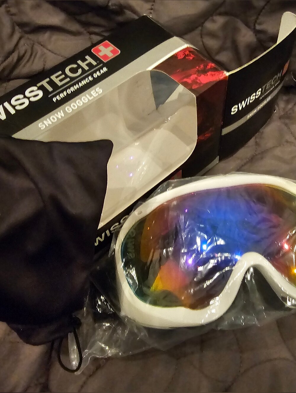 Swiss Tech White Ski Goggles with Mirrored Rainbow Lens